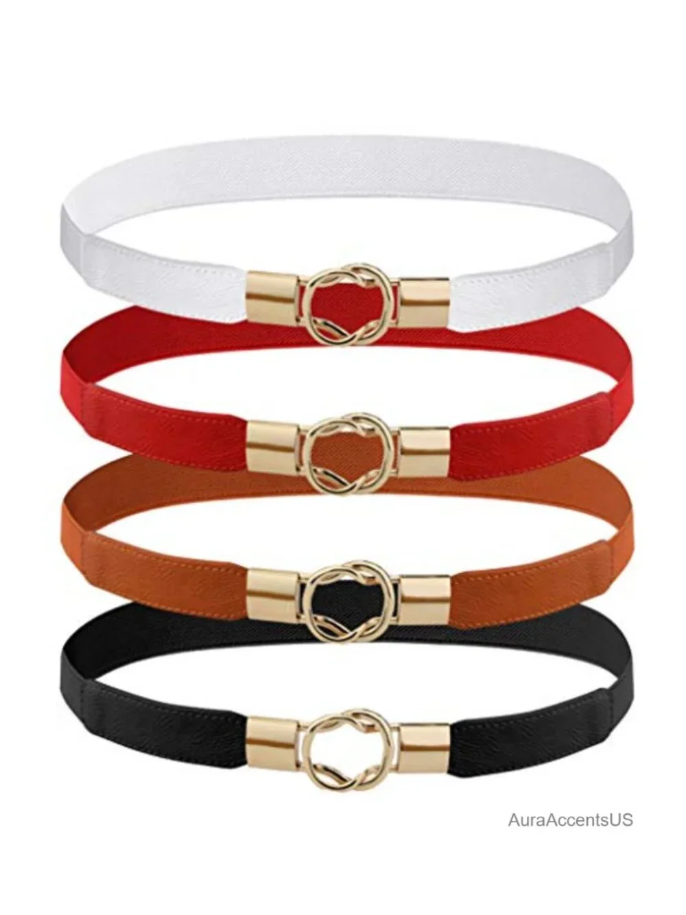 4pk Women Stretchy Faux Leather Waist Belt with Metal Buckle
